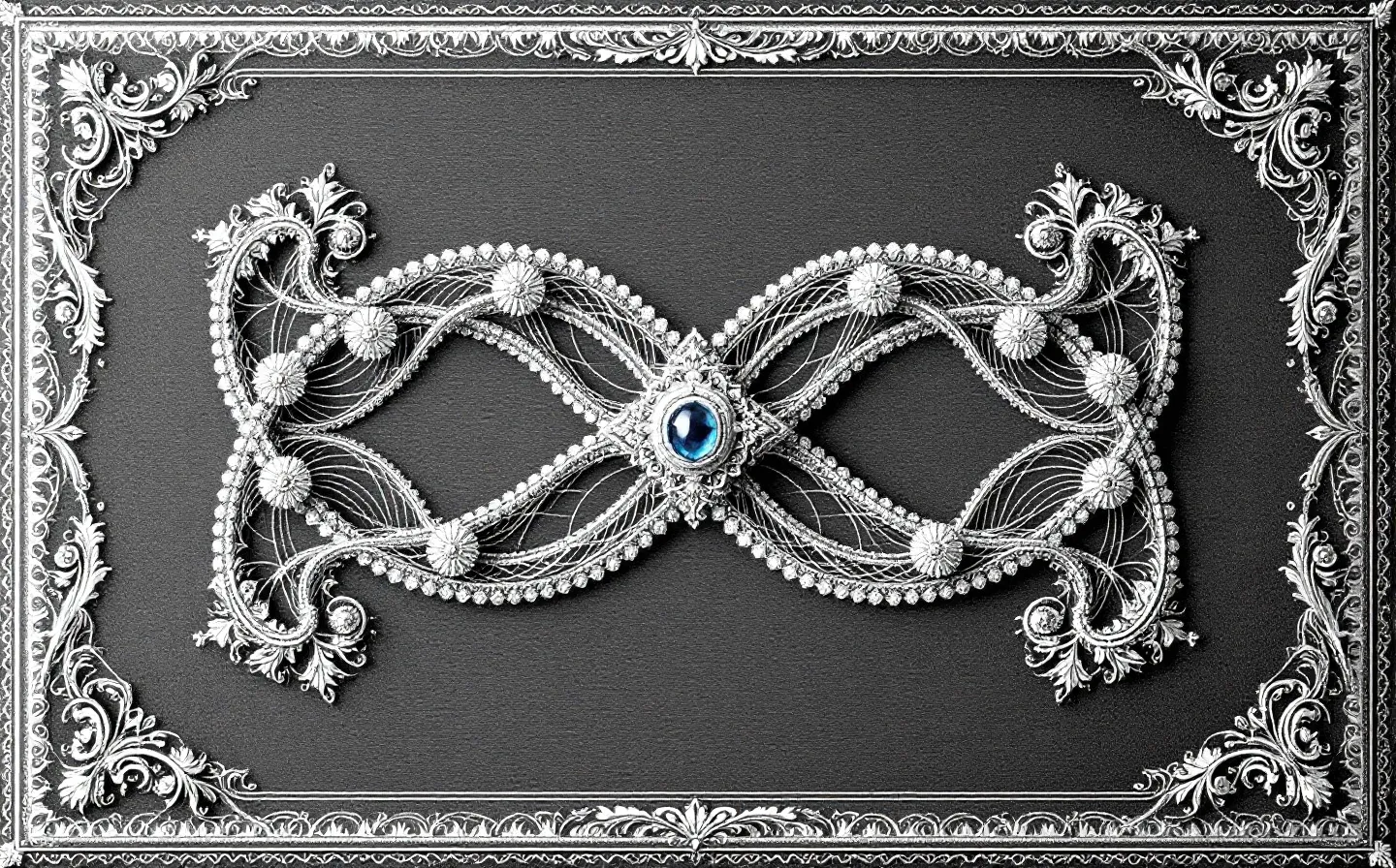 An ornamental filigree specimen plate of a symmetrical nine-bead peptide chain in fine platinum lace with a single steel-blue bound-zinc jewel at its center, on a deep ink ground